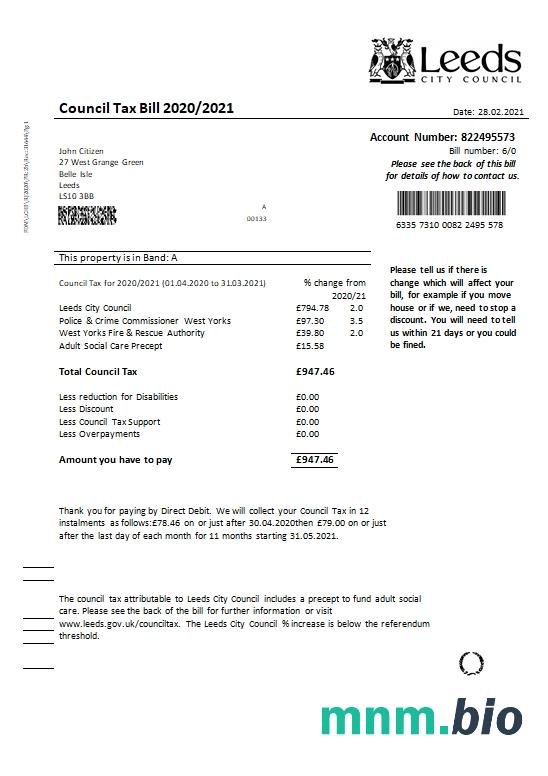 Wielka Brytania Leeds City Council tax bill szablon w formacie Word i PDF